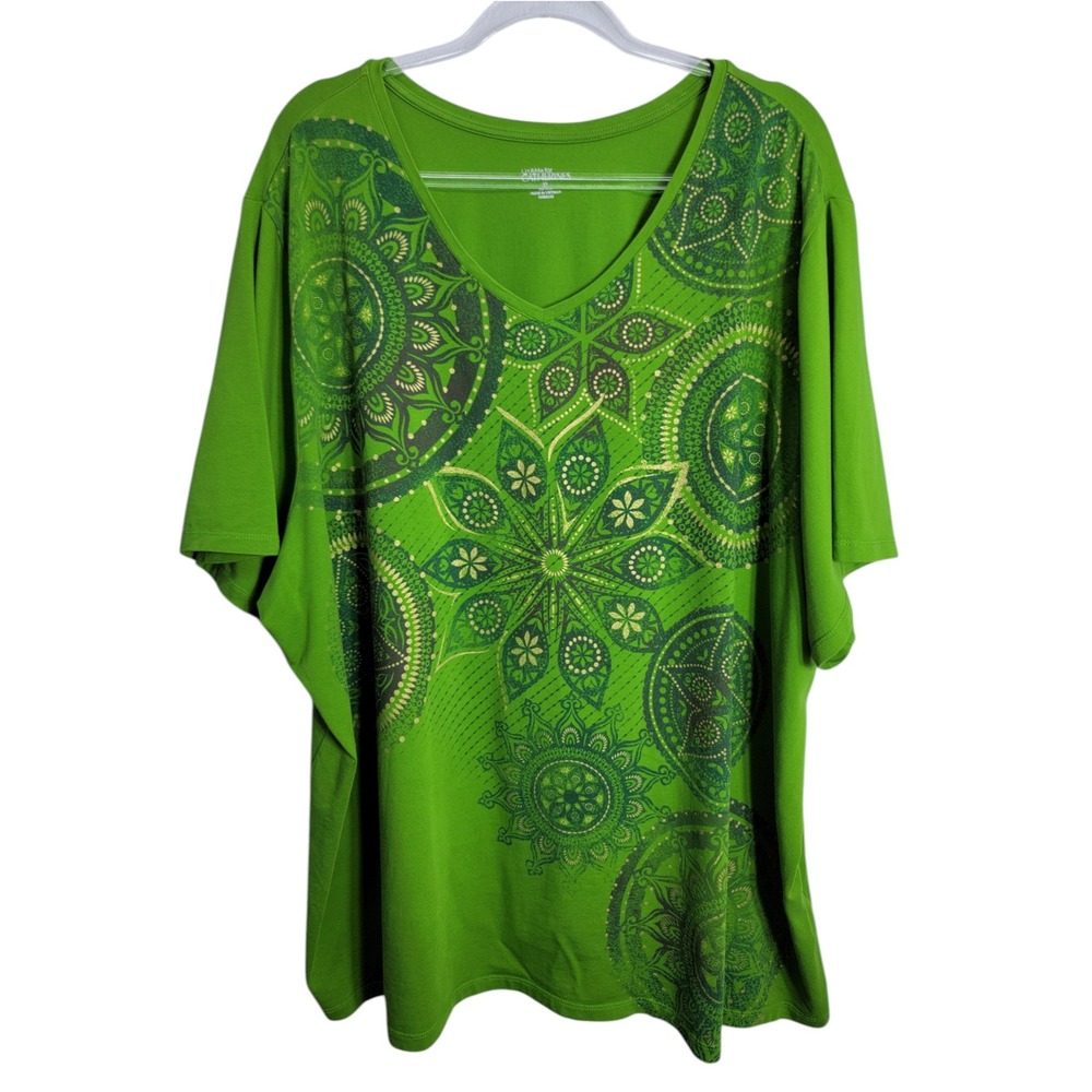 Catherines Womens 30/32W T-Shirt Green Mandala V-Neck Short Sleeve Liz&Me
